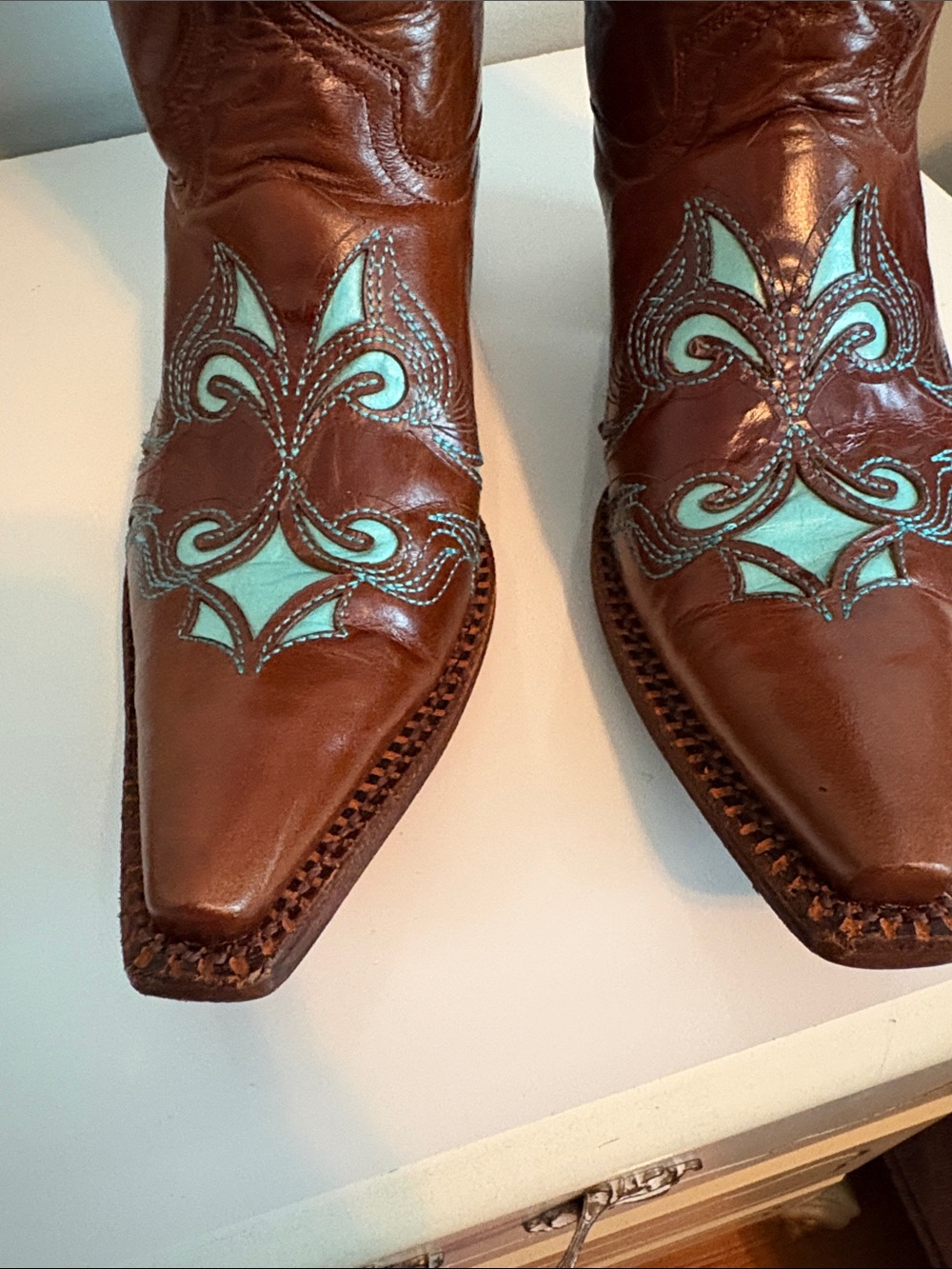 Pecos Bill Brown Leather Women's Western Heeled Boots with Turquoise Inlay 7 1/2 - Picture 4 of 6